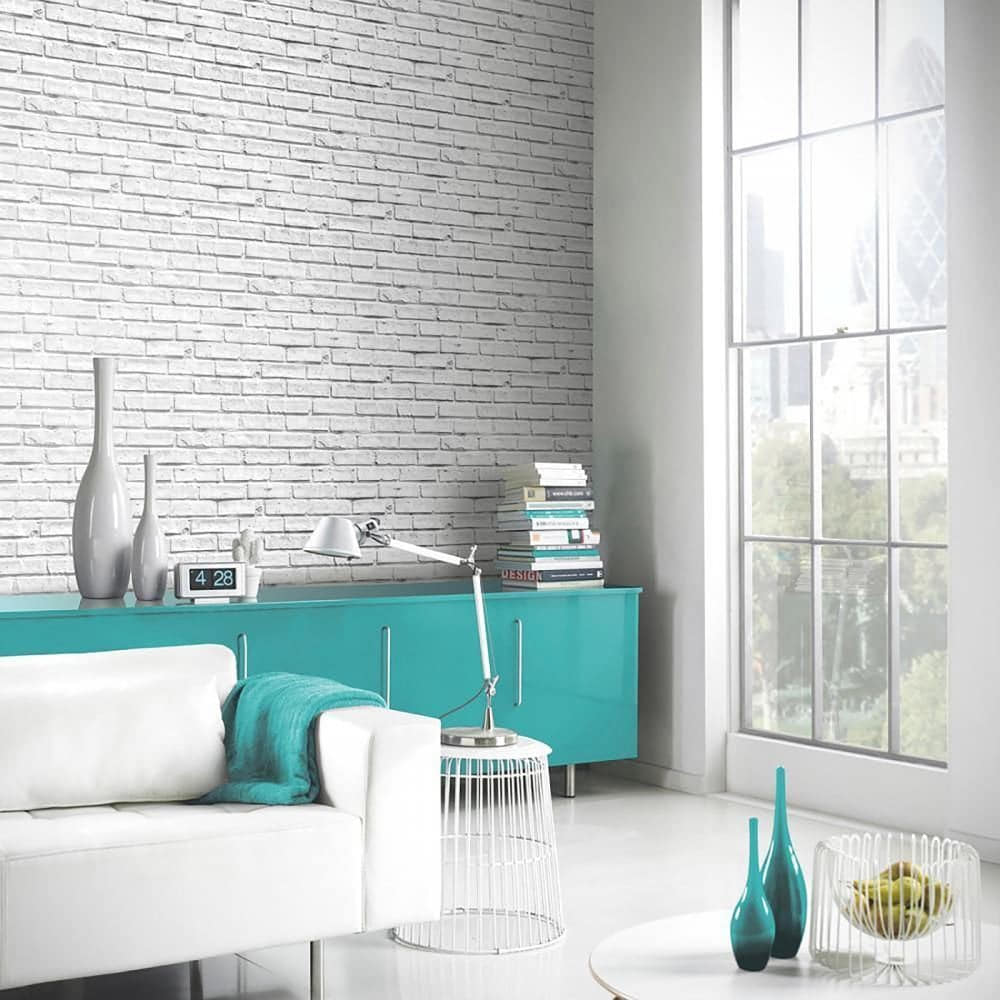 White Brick Living Room Wallpaper