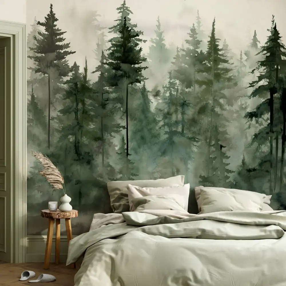 Lush green forest wallpaper creating a natural vibe in a modern Dubai home