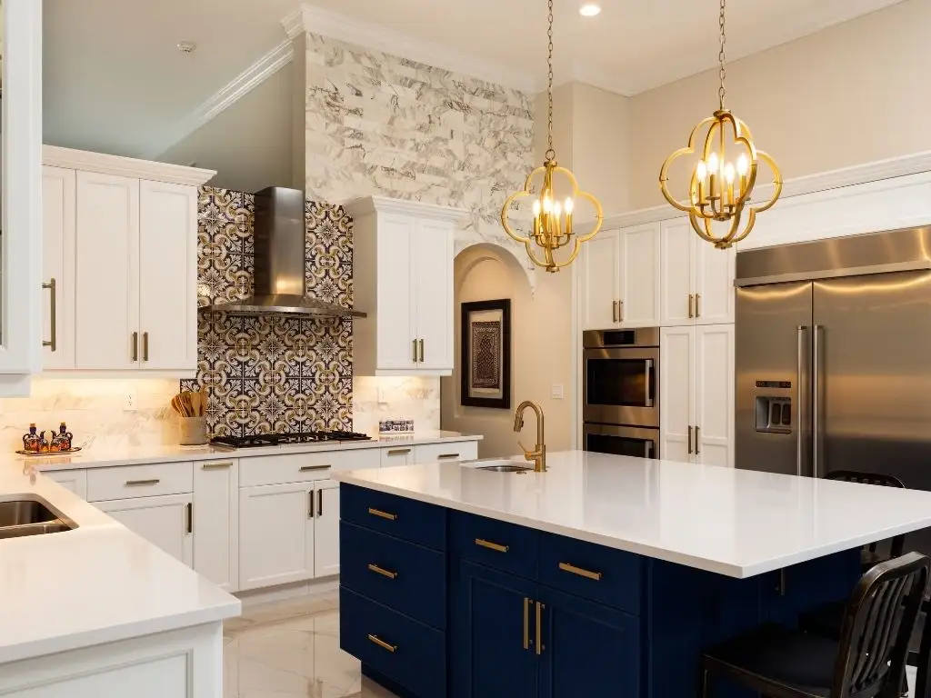 Waterproof floral wallpaper installed in a Dubai kitchen interior